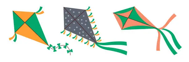 Vector illustration of Set of kites. Kite toy , flying tethered object with wings of diamond shape design. Kids summer entertainment.