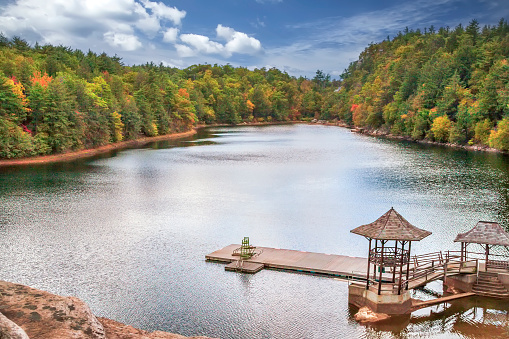 Lake Mohonk in Autumn, gazebo and boat dock, in upstate New York, New Paltz.