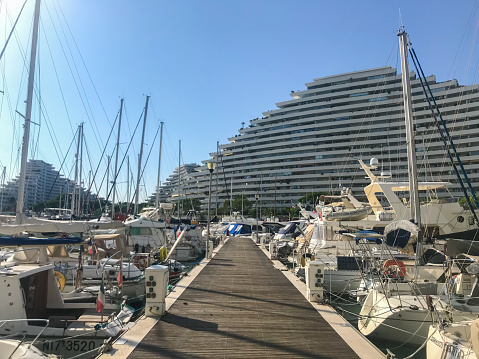 Villeneuve Loubet, France - October 26 2019: Marina Baie des Anges daytime view.