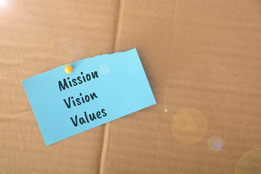 Torn paper with text Mission, Vision and Values. mission, vision, and values are essential elements of its organizational identity and purpose