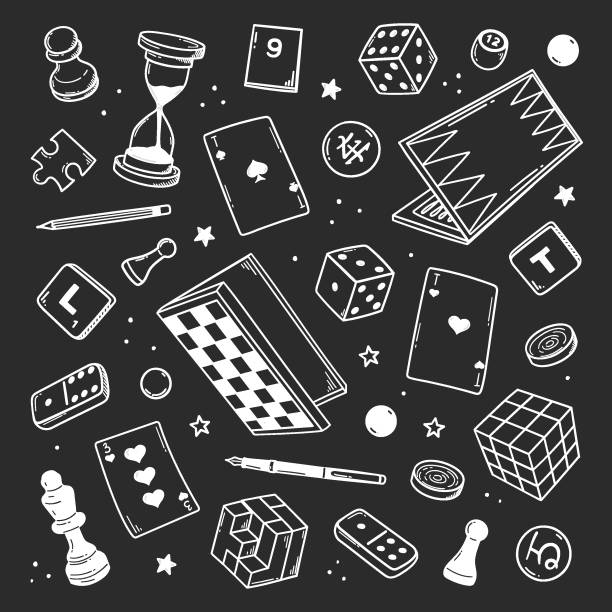 손으로 그린 보드 게임 세트입니다. 스케치 낙서의 체스, 체커, 이동, 도미노, 카드 놀이, 스크래블, 주사위 놀이 배경에 고립. - leisure games sports activity cards gambling stock illustrations