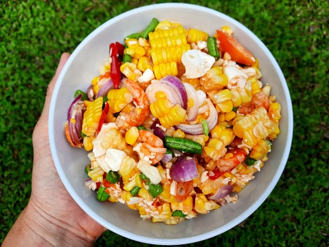 Corn, Tomato, Green Bean, Red Onion and Salted Egg.