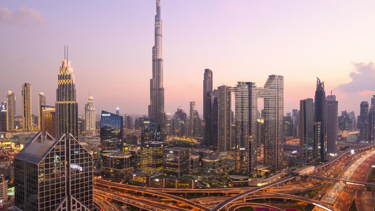 Day to Night Time Lapse of the Downtown Dubai City Skyline UAE