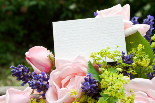 blank card with blue gift box, pink and white roses