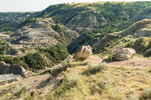 View of the rocky arid landscape of Theodore Roosevelt National Park, North Dakota in summer.