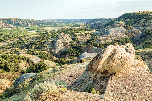 North Dakota Theodore Roosevelt National Park panoramic landscape view from the top of a butte overlooking hills, forest and Little Missouri River in the distance.