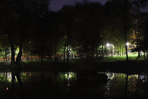 Night photos of a city park illuminated by lamps.