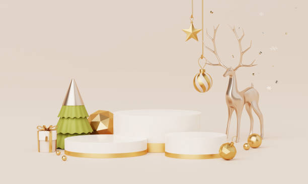 istock Christmas backgrounds with podium stage platform in minimal New year event theme. Merry Christmas scene for product display mock up banner. Empty stand pedestal decor in Xmas winter scene. 3D render. 1758056024