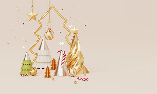 Christmas backgrounds with podium stage platform in minimal New year event theme. Merry Christmas scene for product display mock up banner. Empty stand pedestal decor in Xmas winter scene. 3D render.