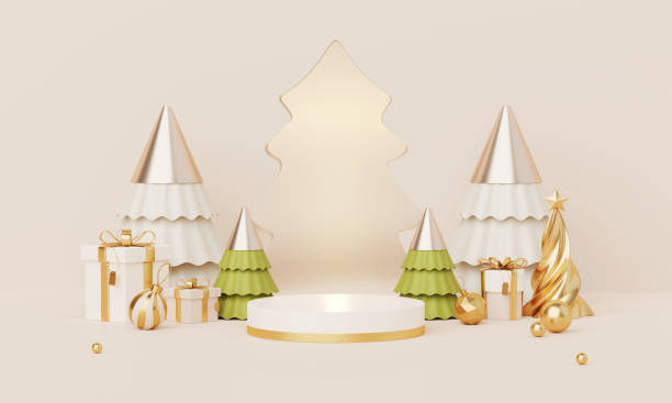 istock Christmas backgrounds with podium stage platform in minimal New year event theme. Merry Christmas scene for product display mock up banner. Empty stand pedestal decor in Xmas winter scene. 3D render. 1758056485