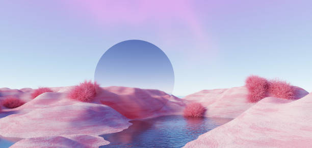 istock 3d Render, Abstract Surreal pastel landscape background with arches and podium for showing product, panoramic view, Colorful dune scene with copy space, blue sky and cloudy, Minimalist decor design 1758056491