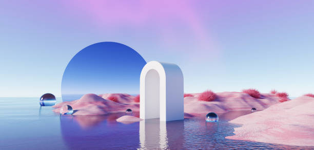 istock 3d Render, Abstract Surreal pastel landscape background with arches and podium for showing product, panoramic view, Colorful dune scene with copy space, blue sky and cloudy, Minimalist decor design 1758056881