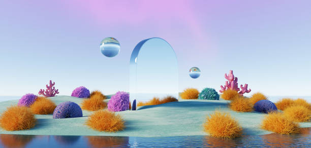 istock 3d Render, Abstract Surreal pastel landscape background with arches and podium for showing product, panoramic view, Colorful dune scene with copy space, blue sky and cloudy, Minimalist decor design 1758057119