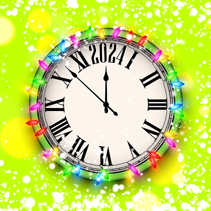 New Year 2024 countdown clock with colourful bulbs over green background. Vector illustration.