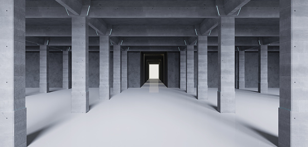 Free space of the building Concrete pillars line the center of the room large hall 3D illustration