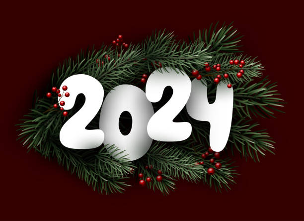 ilustrações de stock, clip art, desenhos animados e ícones de happy new year 2024 white paper lettering on green background with fir branches and red berries. - tree single word green fruit