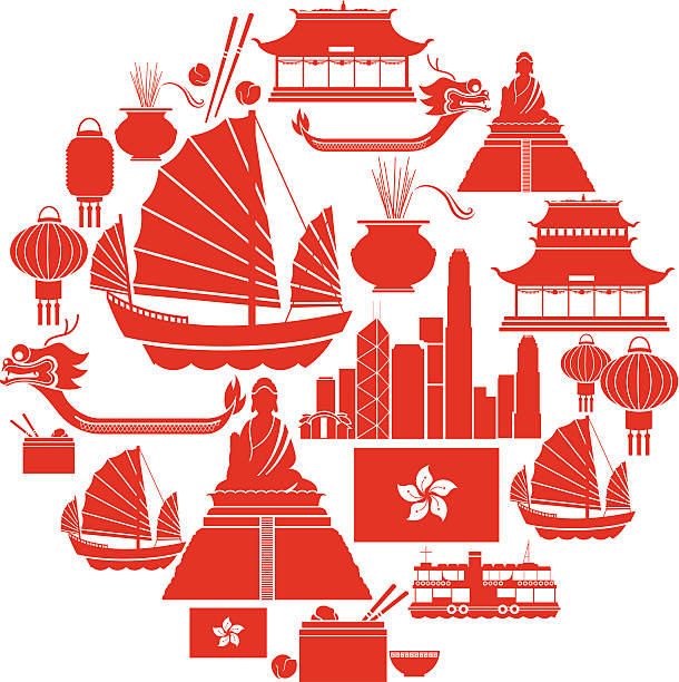 홍콩 아이콘 세트 - watersports centre stock illustrations