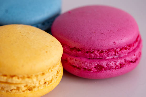 blue, yellow and pink macarons
