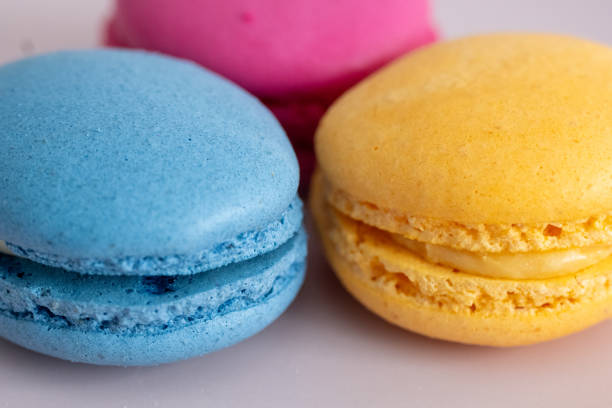 blue, yellow and pink macarons