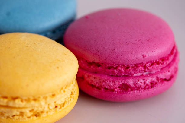 blue, yellow and pink macarons