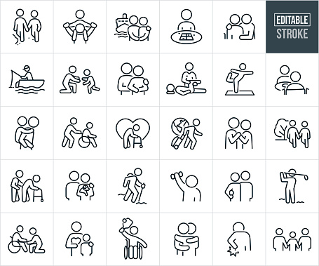 A set of seniors, old age and elderly people icons that include editable strokes or outlines using the EPS vector file. The icons include an older couple holding hands and taking a walk on the beach, grandfather giving grandchild a piggy back ride, couple holding hands taking a cruise vacation, senior at table playing a board game, family member with arm around shoulder of older adult, retired person fishing from boat, grandparent kneeling down with open arms to welcome running grandchild, older couple holding each other, elderly person getting injured knee examined by doctor, senior woman doing yoga, older people having a meal together, grandparent giving grandson a piggy back ride, person pushing old family member in wheelchair, aging person using walker, retired older person traveling the world pulling luggage, old couple dancing hand in hand, senior couple walking hand in hand in the park, old man needing assistance walking with walker, couple with pet dog, retired person hiking, elderly person lifting dumbbell for exercise, older man golfing, grandmother standing with grandchild, old person in wheelchair playing pickle ball, two older people hugging, old person with back pain and two grandparents holding hands with grandchild.