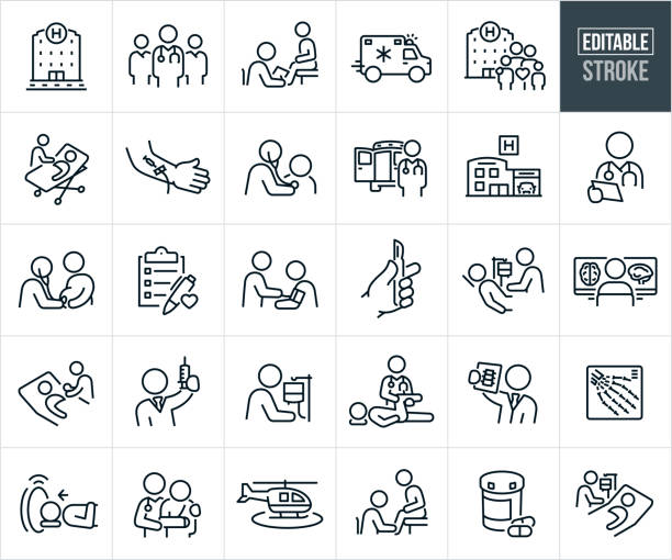 Hosptial Medical Care Thin Line Icons - Editable Stroke A set of hospital medical care icons that include editable strokes or outlines using the EPS vector file. The icons include a hospital, medical team with a doctor and nurses, doctor doing an in office check-up with a patient, speeding ambulance, family standing outside a hospital, medical staff attending to patient on stretcher, arm with an IV, physician using a stethoscope to check the heart of a patient, hospital with emergency drive up, doctor reviewing patient notes, OBGYN checking the heartbeat of an unborn child by placing a stethoscope on the stomach of a pregnant woman, medical checklist, nurse using a blood pressure cuff to check the blood pressure of a patient, hand holding a scalpel, medical staff checking the IV of a patient in hospital bed, radiologist reviewing the brain scans of a patient after an MRI, nurse giving a mother her newborn baby as she lies in bed, doctor holding an immunization syringe in hand, doctor examining the injured knee of a patient, doctor reviewing the x-ray of a human spine, x-ray of a human hand, patient getting an MRI scan, medical helicopter, prescription medication and other related icons. medical device stock illustrations