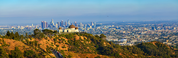 Panorama of Griffith Observatory and Los Angeles skyline photographed from Mount Hollywood Trail.