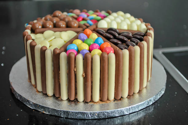 istock Cake decorated with chocolate fingers, white chocolate, coloured sweets, chocolate balls and chocolate buttons. 1758094793