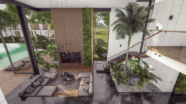 3d rendering of expensive cozy interior with green walls in night