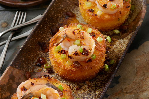 Spicy Shrimp and Grit Cakes with Chili Oil