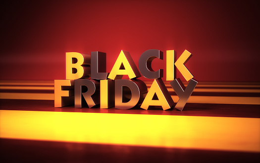 3d render Red Black Yellow Black Friday Lettering Sitting on Reflective Background (Depth Of Field)