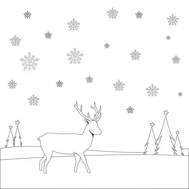 Vector illustration of Christmas background with a deer in the snow. Vector black and white coloring page.