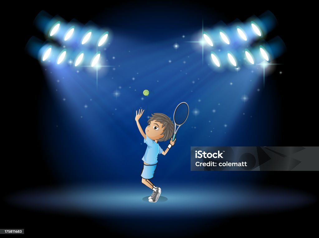 Niño jugando al tenis en medio de la etapa - arte vectorial de Acontecimiento libre de derechos