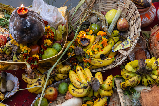 Ghaziabad, Uttar Pradesh, India - October 2022: Chhath Puja, Fruits for rituals during chhath puja near river banks.