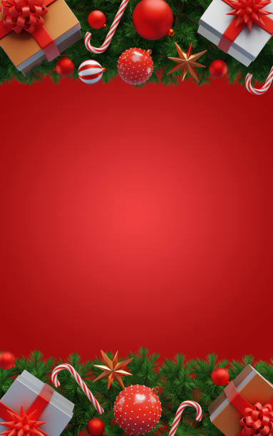 istock Christmas and New Year frames. Fir branches decorated with balls and gift boxes. 3D rendering 1758122365