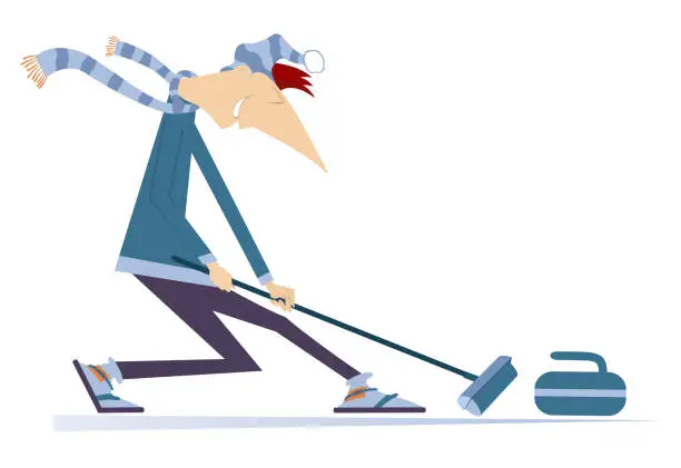 Vector illustration of Smiling young man plays curling