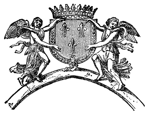 The lesser coat of arms of the royal family of France circa 15th century. Vintage etching circa 19th century.