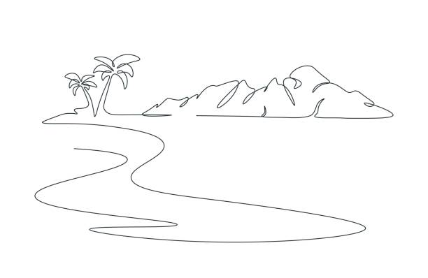 Drawing oasis with single continuous line. Tropical landscape with mountains and beach. Sea beach and lagoon with coconut palm in one line. Minimalistic linear illustration on white background. Drawing oasis with single continuous line. Tropical landscape with mountains and beach. Sea beach and lagoon with coconut palm in one line. Minimalistic linear illustration on white background. drawing of the hawaii islands stock illustrations