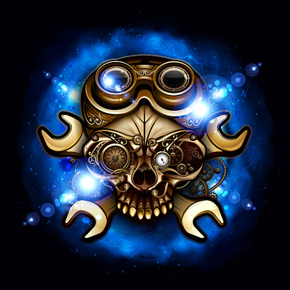 Steampunk Skull on Universe blue background. 10 EPS file with transparency effects and overlapping colors.