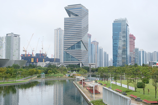 Songdo, South Korea - September 27, 2023: G Tower seen from Songdo Central Park