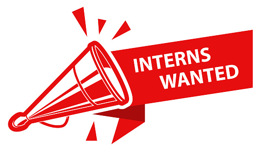 Interns wanted sign, banner with old tin megaphone or loudspeaker, vacancy announcement icon, vector