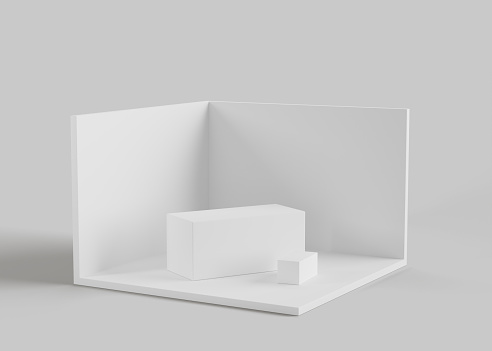 Isometric booth stand for trade show 3d render icon. Mockup empty exhibition room with white walls, floor and podiums. Blank corner display showroom, isolated presentation stall. 3D illustration