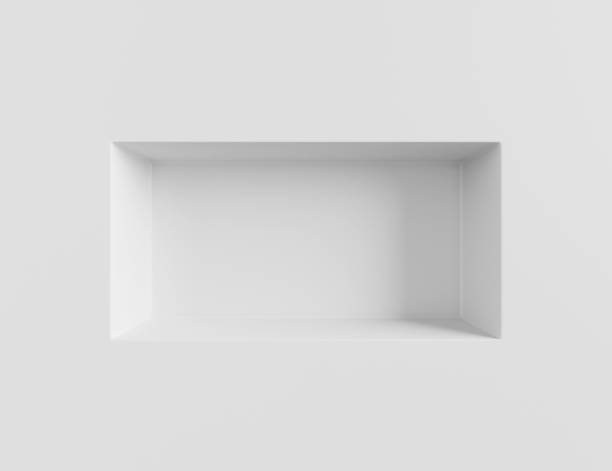 3d render white wall with rectangle shelf, empty niche in bathroom. Mockup blank showcase for exhibits in museum, gallery or studio. Window in store, bookshelf in home interior room
