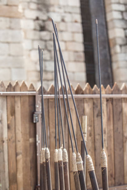 Stand full of pila or roman javelins at military camp Stand full of pila or roman javelins at military camp. Perimeter palisade as background pila stock pictures, royalty-free photos & images