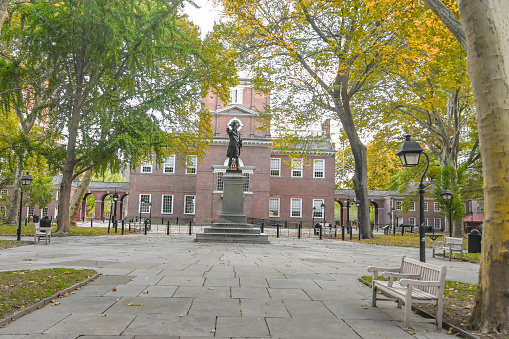 Historical independence hall park in center city of Philadelphia in United States of America. Early autumn.
