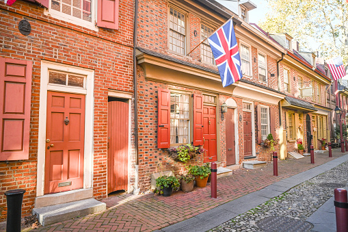 Elfreth’s Alley in Philadelphia with British flag