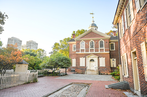 Historical independence hall park in center city of Philadelphia in United States of America. Early autumn.