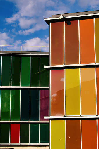 Colorful facade of a modern office building in Leon, Spain