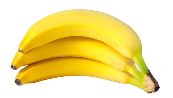 Three bananas isolated on a white background. Fresh fruit in full focus