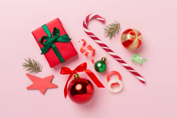 istock Christmas flat lay composition on color background, top view 1758193232